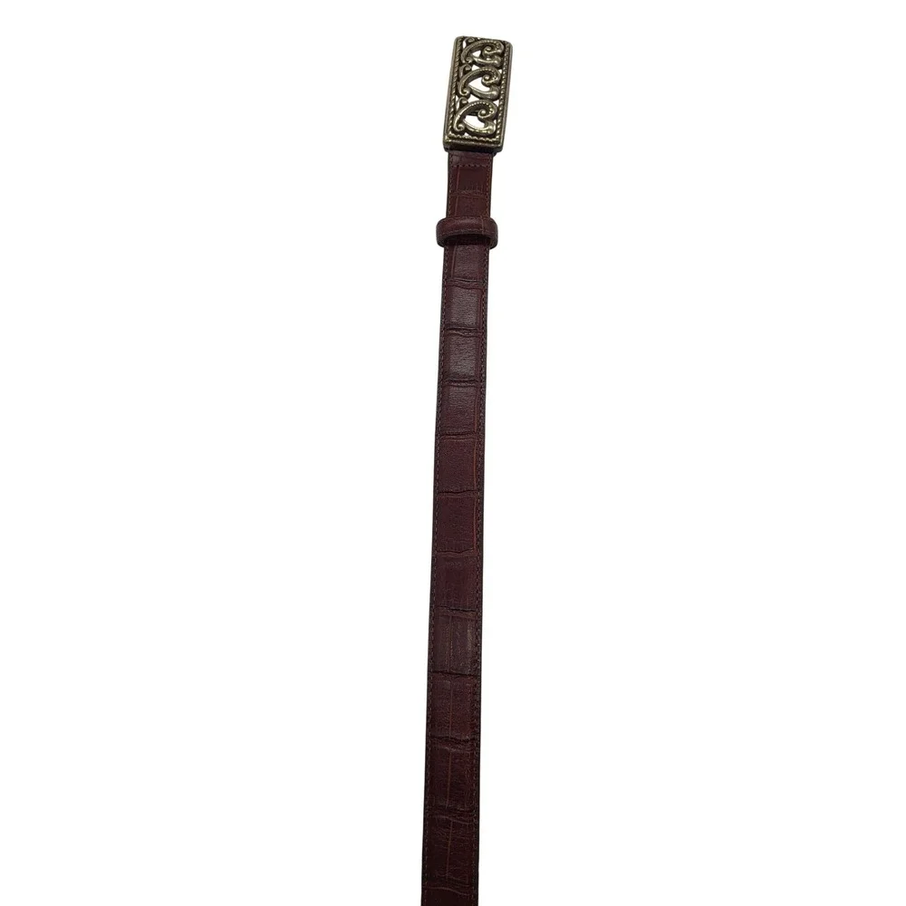 VTG Brighton Brown Leather Belt Silver Heart Buckle Croc Embossed Small‎ 28